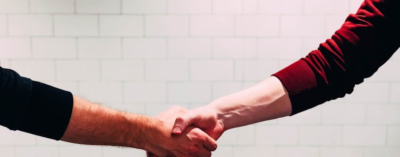 two person shaking hands near white painted wall