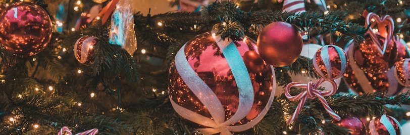 a decorated christmas tree in front of a building